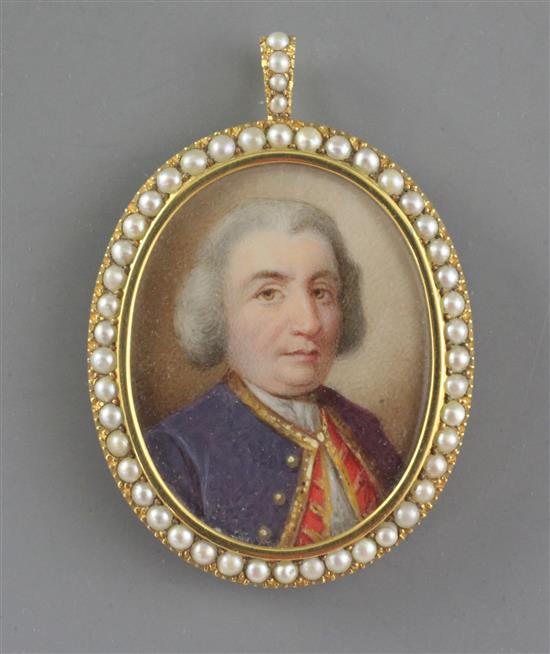 18th century English School Miniature of Judge Rumsey 1.25 x 1in. pearl set frame.
